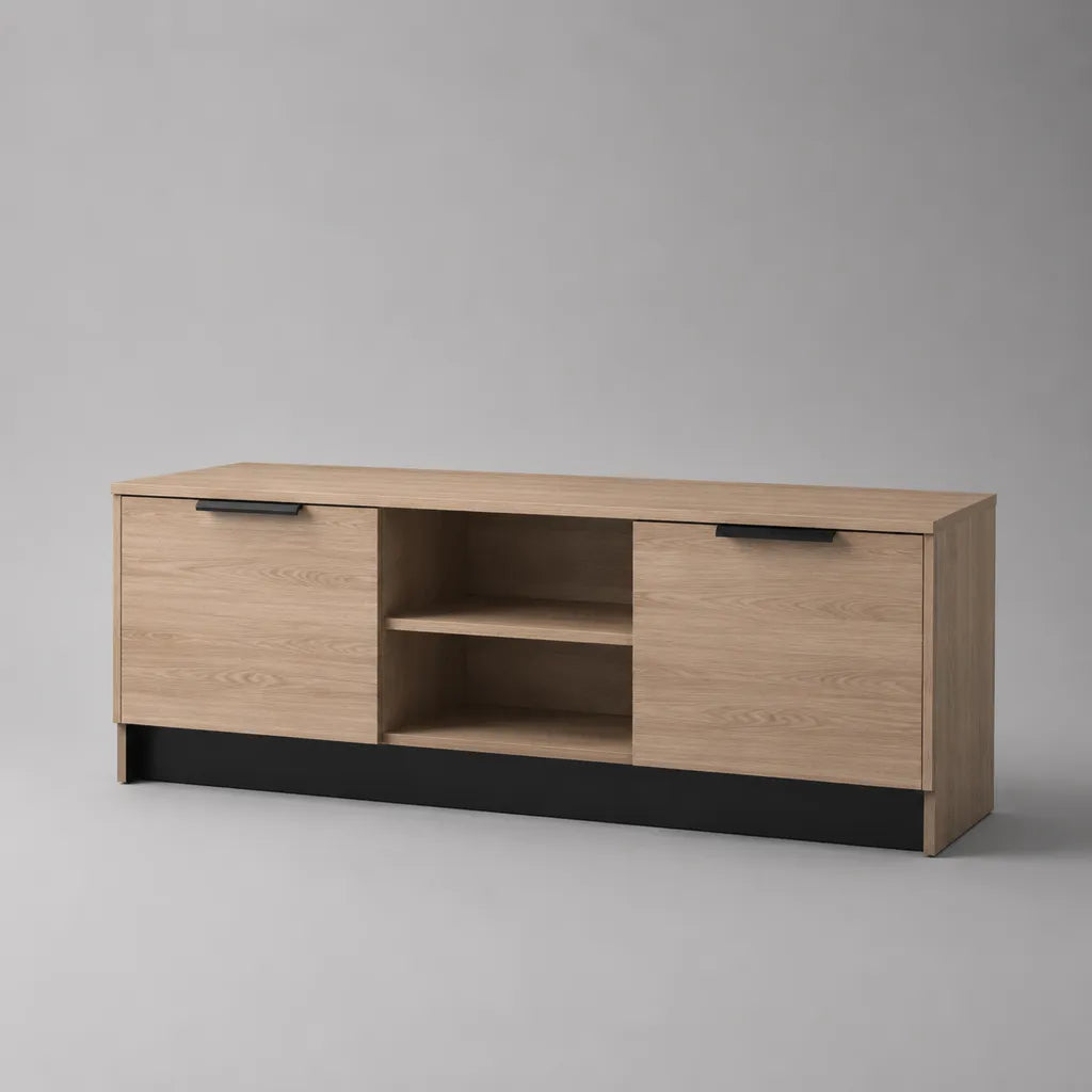 TV-Lowboard aus melaminharzbeschichteter Spanplatte mit 2 Türen und 2 offenen Fächern, Eichefarben und Schwarz, 160 × 40 × 70 cm