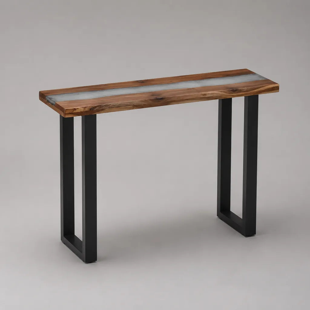 Rechteckiger Konsolentisch aus massivem Akazienholz mit Epoxidharz und Stahlgestell, Braun/Weiß/Schwarz, 115 × 35 × 76 cm