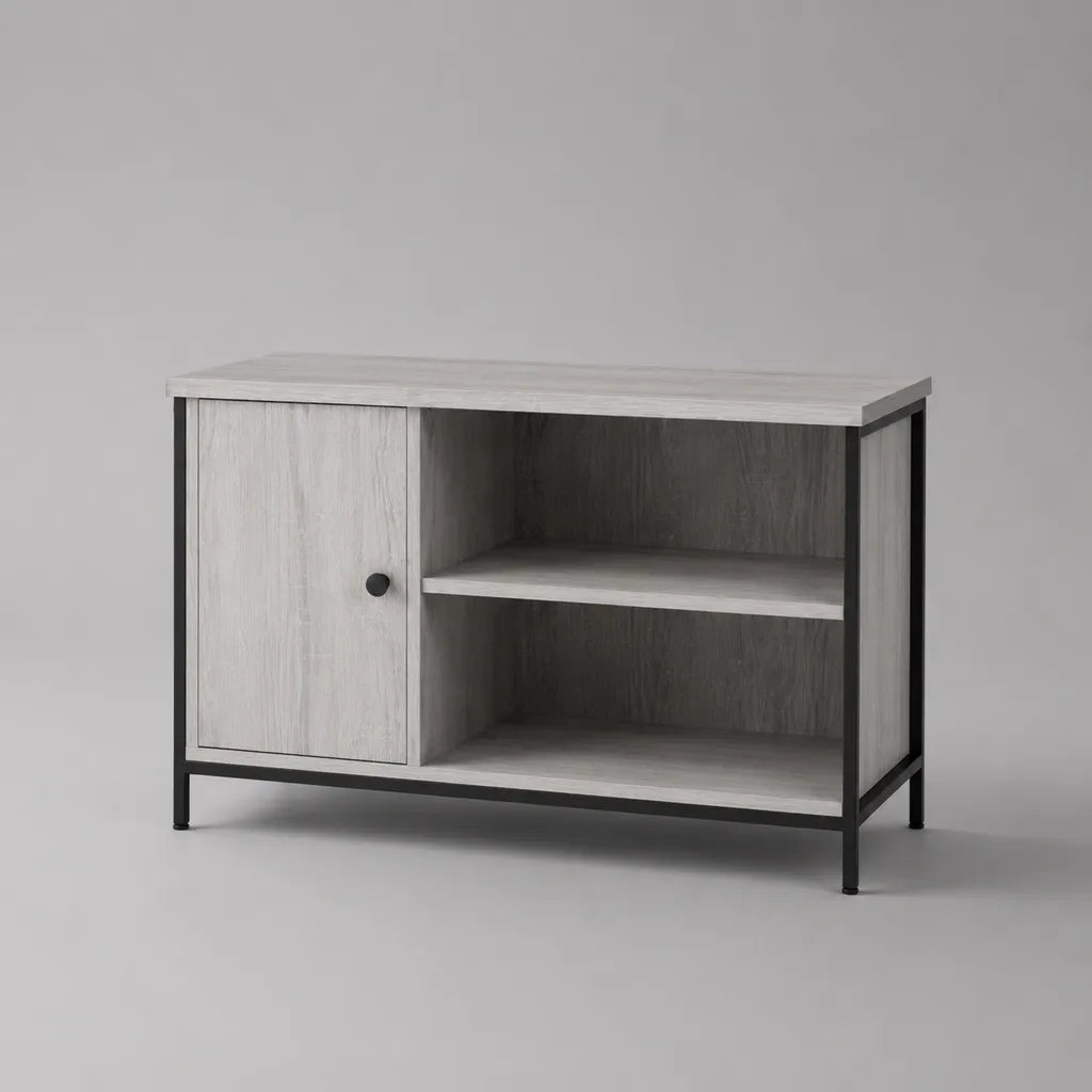 TV-Lowboard aus melaminbeschichteter Spanplatte und Stahl, 1 Tür, 2 offene Fächer, Grau/Schwarz, 100 × 40 × 65 cm
