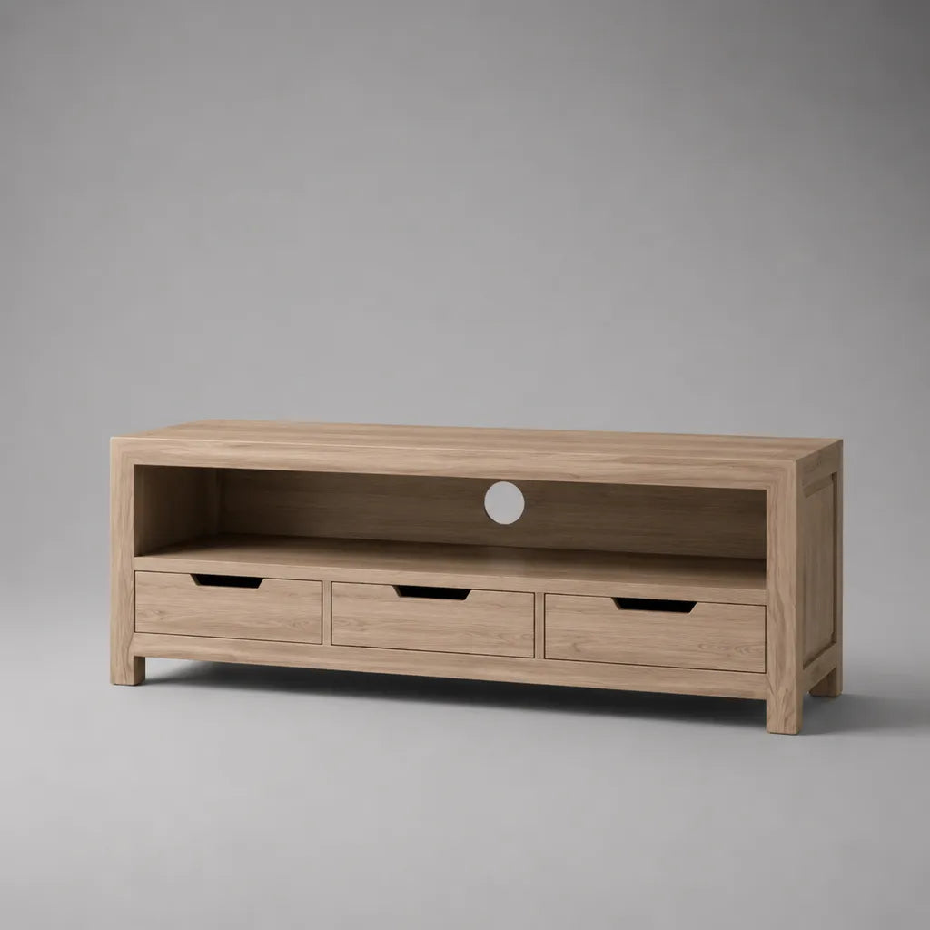TV-Lowboard aus massivem Eichenholz mit 3 Schubladen und Kabelführung, Natur, 120 × 40 × 55 cm