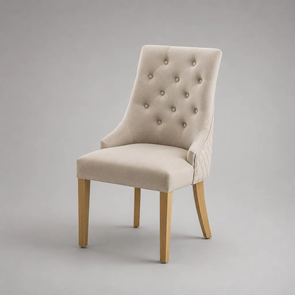 Esszimmerstuhl Polsterstuhl mit Knopfheftung, Polyester-Mikrofaser, Beige/Naturholz, 58 × 64 × 98 cm