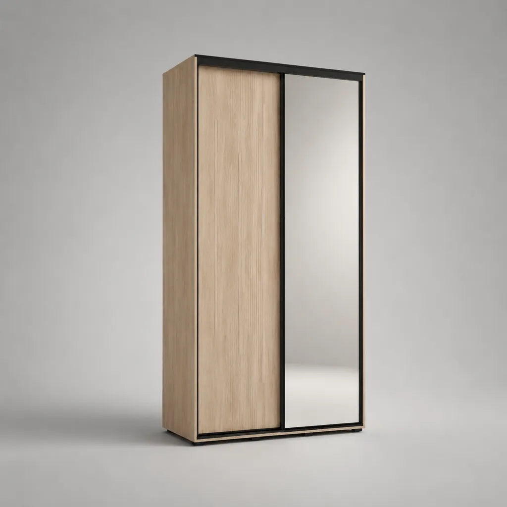 Schwebetürenschrank mit Spiegel aus melaminharzbeschichteter Spanplatte, Eiche natur/Schwarz, 100 × 60 × 200 cm