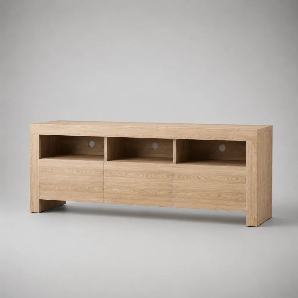 TV-Lowboard aus MDF mit Eichenfurnier, 3 offenen Fächern und 3 Klappen, Eiche hell, 160 × 40 × 70 cm
