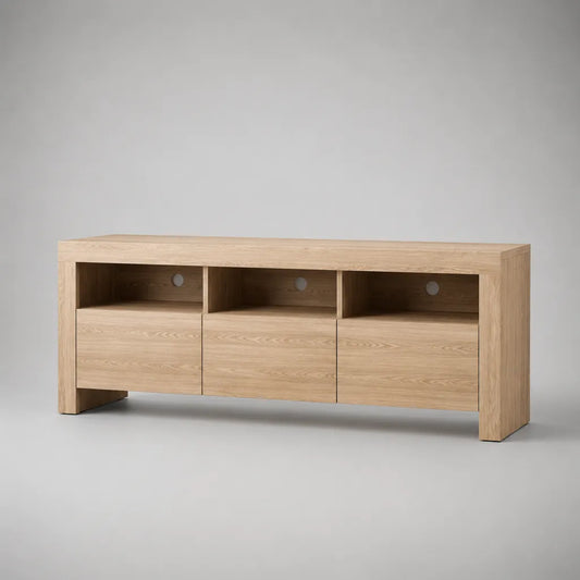 TV-Lowboard aus MDF mit Eichenfurnier, 3 offenen Fächern und 3 Klappen, Eiche hell, 160 × 40 × 70 cm