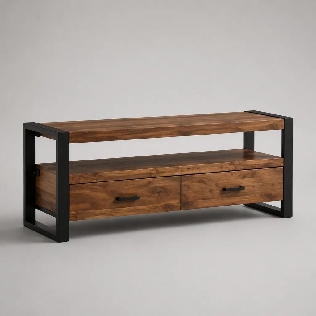 TV-Lowboard aus massivem Akazienholz und pulverbeschichtetem Stahl, Braun und Schwarz, 140 x 40 x 55 cm, mit 2 Schubladen und offenem Ablagefach