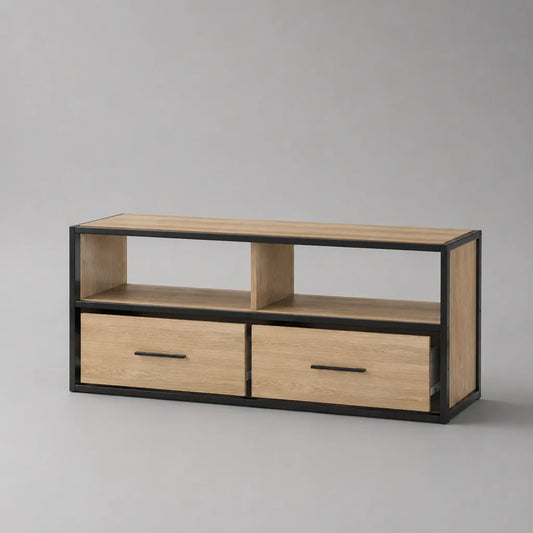 TV-Lowboard aus Holz und Stahl mit 2 Schubladen und 2 offenen Fächern, Eichefarben/Schwarz, 120 × 40 × 60 cm