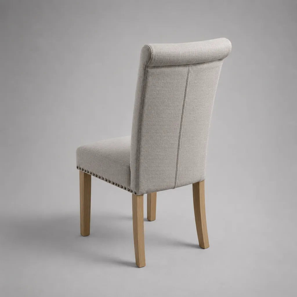 Esszimmerstuhl aus Holz mit Stoffbezug, hohe Rückenlehne, Beige, 47 × 60 × 102 cm