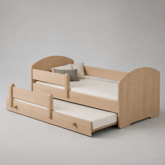 Kinderbett aus MDF mit Ausziehbett und Rausfallschutz, Natur, 2 Liegeflächen je 90 × 200 cm, 207 × 97 × 85 cm