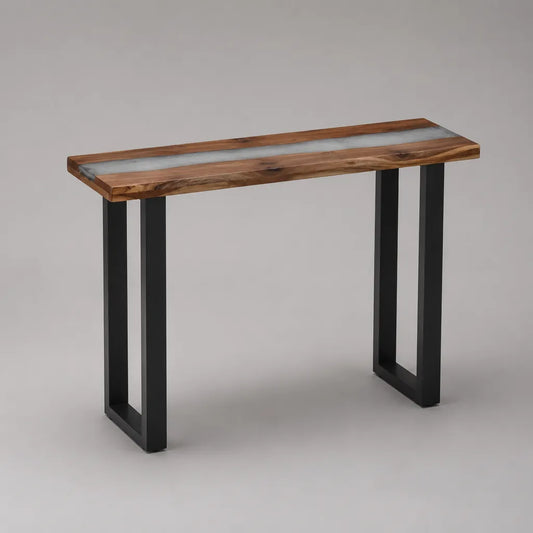 Rechteckiger Konsolentisch aus massivem Akazienholz mit Epoxidharz und Stahlgestell, Braun/Weiß/Schwarz, 115 × 35 × 76 cm
