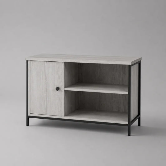 TV-Lowboard aus melaminbeschichteter Spanplatte und Stahl, 1 Tür, 2 offene Fächer, Grau/Schwarz, 100 × 40 × 65 cm