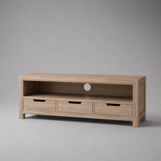 TV-Lowboard aus massivem Eichenholz mit 3 Schubladen und Kabelführung, Natur, 120 × 40 × 55 cm