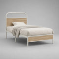 Metallbett Einzelbett 90 × 200 cm mit Stahlrahmen und MDF-Paneelen, Weiß/Eichefarben