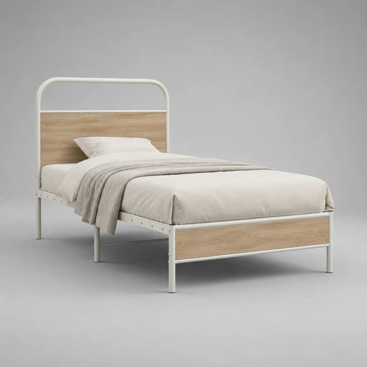 Metallbett Einzelbett 90 × 200 cm mit Stahlrahmen und MDF-Paneelen, Weiß/Eichefarben