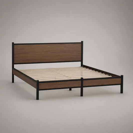 Metallbett-Doppelbett mit Lattenrost aus Stahl, MDF und Kiefer-Massivholz, Schwarz/Walnussbraun, Liegefläche 160 × 200 cm, Außenmaß 207 × 166 × 100 cm