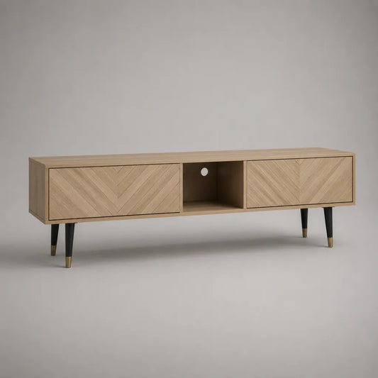 TV-Lowboard aus MDF mit Eichenfurnier, 2 Türen und offenem Fach, Natur/Schwarz/Messingfarben, 160 × 40 × 55 cm