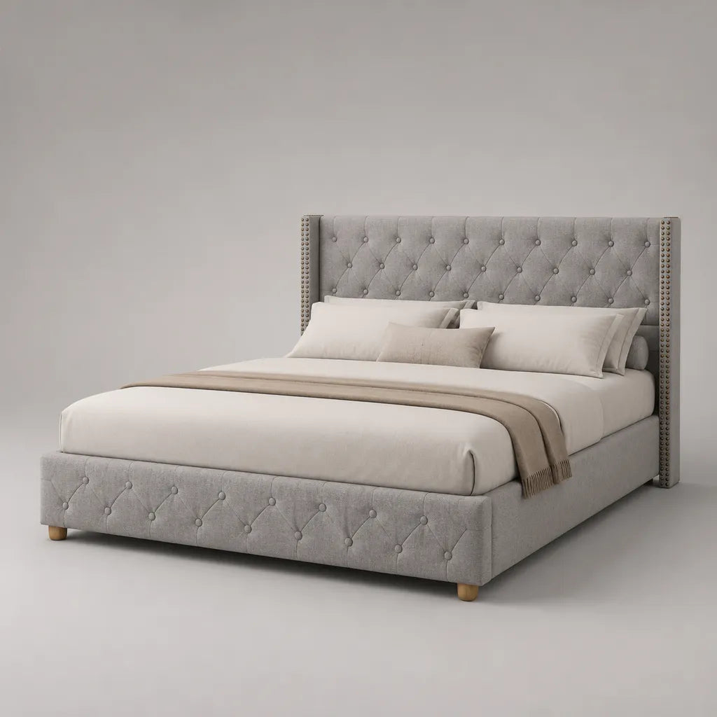Polsterbett Doppelbett mit Knopfheftung, Polyesterbezug und Kiefernholzrahmen, Hellgrau, 180 × 200 cm