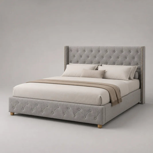 Polsterbett Doppelbett mit Knopfheftung, Polyesterbezug und Kiefernholzrahmen, Hellgrau, 180 × 200 cm