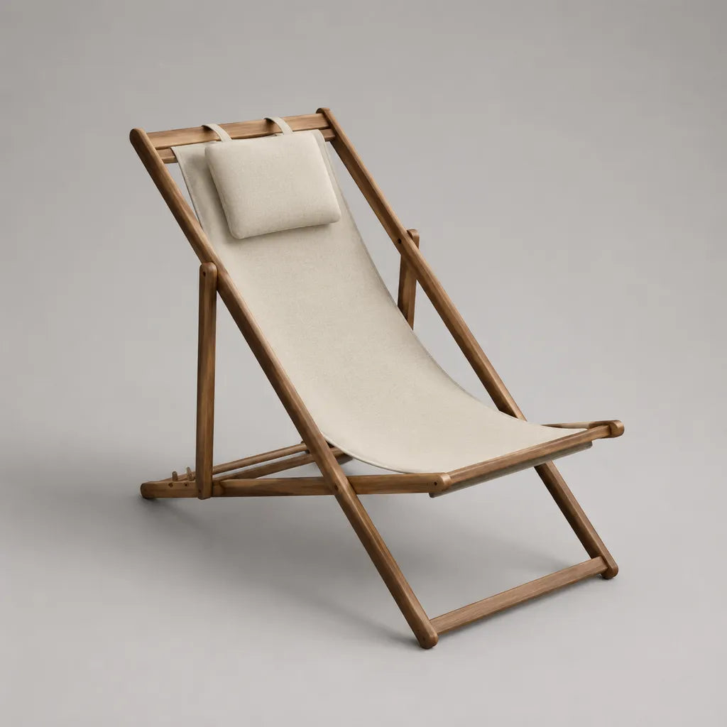 Klappbare Gartenliege aus Akazienmassivholz mit Polyester-Liegefläche und Kopfkissen, Creme/Braun, 96 × 58 × 98 cm