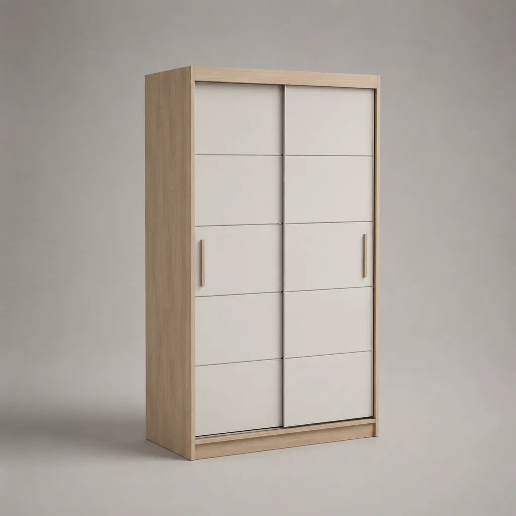 Kleiderschrank mit 2 Schiebetüren aus melaminbeschichteter Spanplatte, Eiche hell und Weiß, 120 × 60 × 200 cm