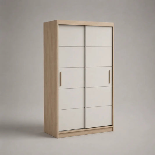 Kleiderschrank mit 2 Schiebetüren aus melaminbeschichteter Spanplatte, Eiche hell und Weiß, 120 × 60 × 200 cm