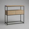 Rechteckiger Konsolentisch aus Spanplatte und Stahl mit 2 Schubladen, Eichefarben/Schwarz, 100 × 35 × 100 cm