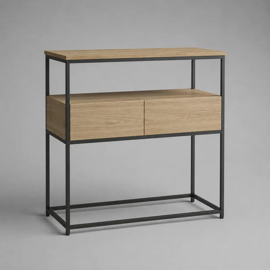 Rechteckiger Konsolentisch aus Spanplatte und Stahl mit 2 Schubladen, Eichefarben/Schwarz, 100 × 35 × 100 cm