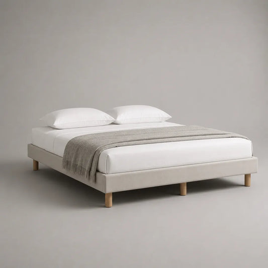 Polsterbett ohne Kopfteil mit Lattenrost, Stoff und Massivholz, Beige/Natur, Liegefläche 160 × 200 cm