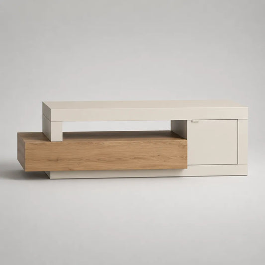 TV-Lowboard aus melaminharzbeschichteter Spanplatte mit Schublade, Tür und offenem Fach, Weiß/Eiche Natur, 160 × 40 × 60 cm