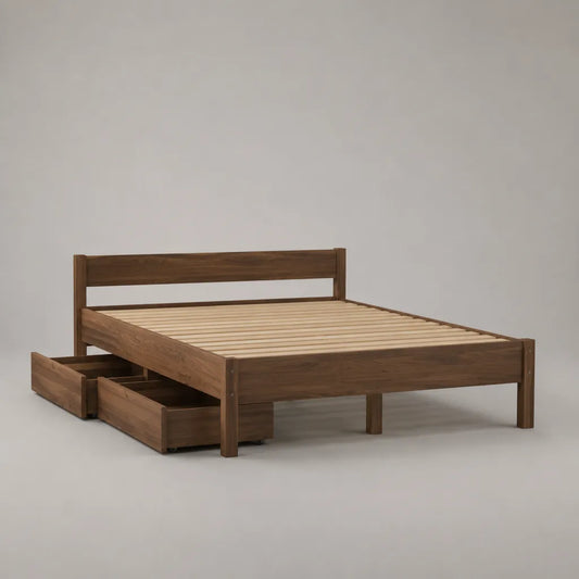 Bettgestell 160 × 200 cm aus massivem Kiefernholz mit Lattenrost und 2 Schubladen, Walnussbraun