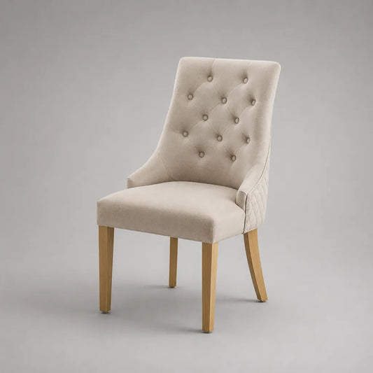 Esszimmerstuhl Polsterstuhl mit Knopfheftung, Polyester-Mikrofaser, Beige/Naturholz, 58 × 64 × 98 cm