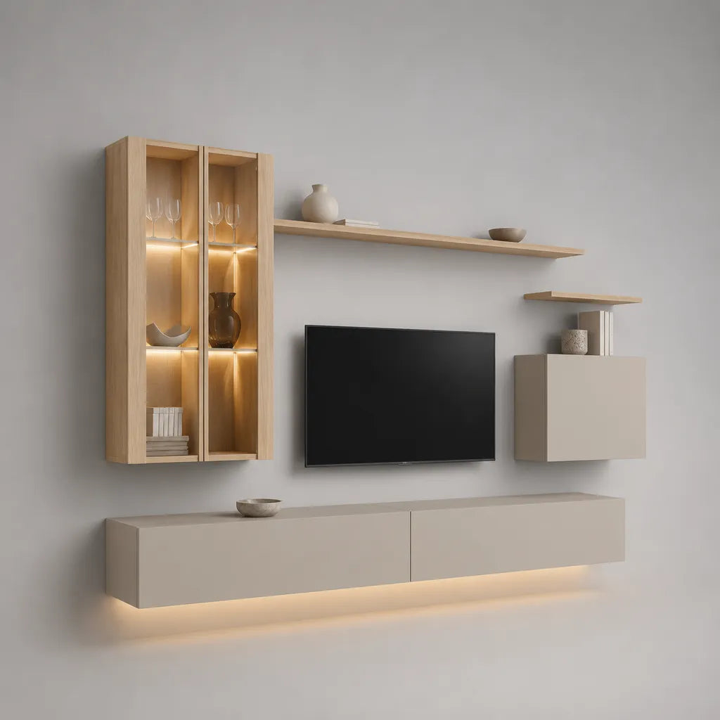 5-teilige TV-Wand, wandhängend, mit LED, aus MDF, Spanplatte und Glas, Eiche Natur/Greige, ca. 300 × 40 × 180 cm