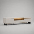 TV-Lowboard mit LED-Beleuchtung aus Spanplatte und MDF, 3 Türen, 1 Schublade, Weiß/Eichefarben/Schwarz, 200 × 40 × 50 cm