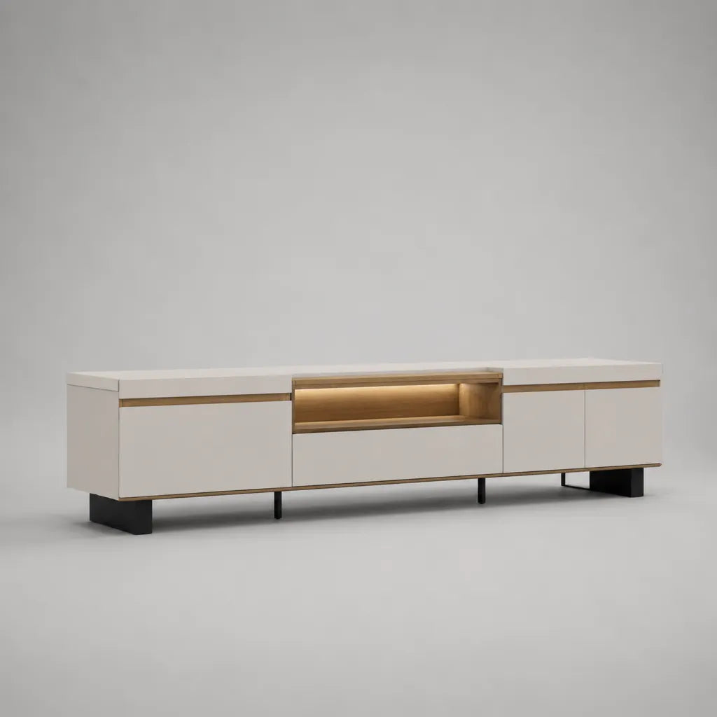 TV-Lowboard mit LED-Beleuchtung aus Spanplatte und MDF, 3 Türen, 1 Schublade, Weiß/Eichefarben/Schwarz, 200 × 40 × 50 cm