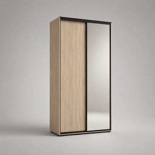 Schwebetürenschrank mit Spiegel aus melaminharzbeschichteter Spanplatte, Eiche natur/Schwarz, 100 × 60 × 200 cm