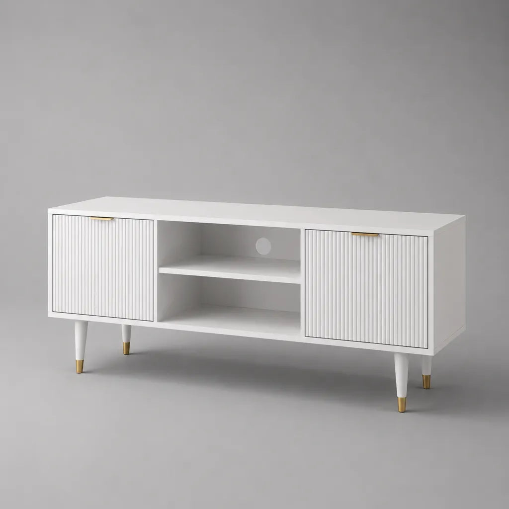 TV-Lowboard Fernsehschrank aus MDF und Spanplatte mit 2 Türen und 2 offenen Fächern, Weiß/Gold, 140 × 40 × 60 cm