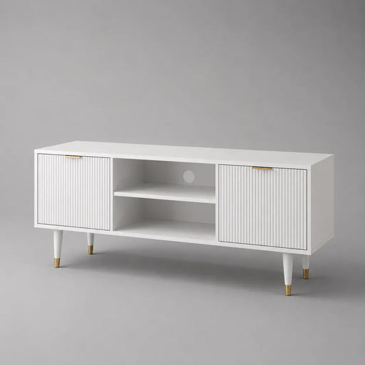 TV-Lowboard Fernsehschrank aus MDF und Spanplatte mit 2 Türen und 2 offenen Fächern, Weiß/Gold, 140 × 40 × 60 cm
