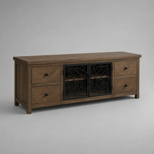 TV-Schrank aus massivem Mangoholz mit 4 Schubladen und 2 Gittertüren, Braun/Schwarz, 145 × 40 × 60 cm